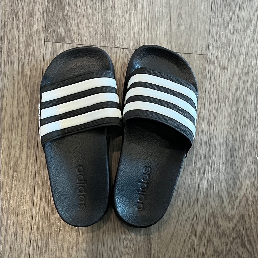 Adidas Black Slides with White Stripes New!